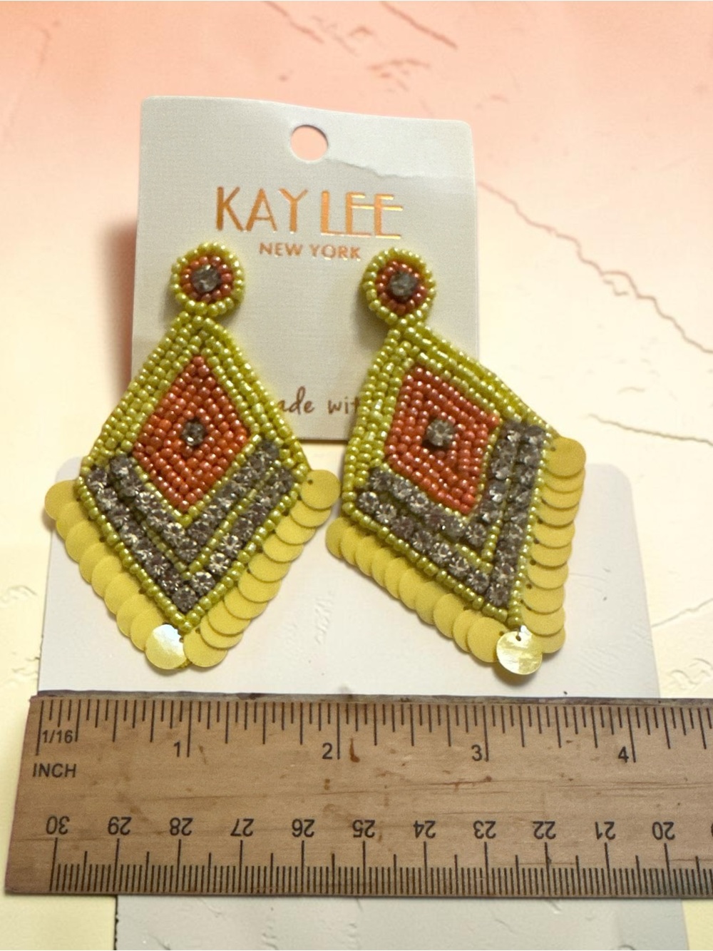 Kay Lee New York Yellow Coral Beaded Rhinestone Statement Earrings - Picture 6 of 6